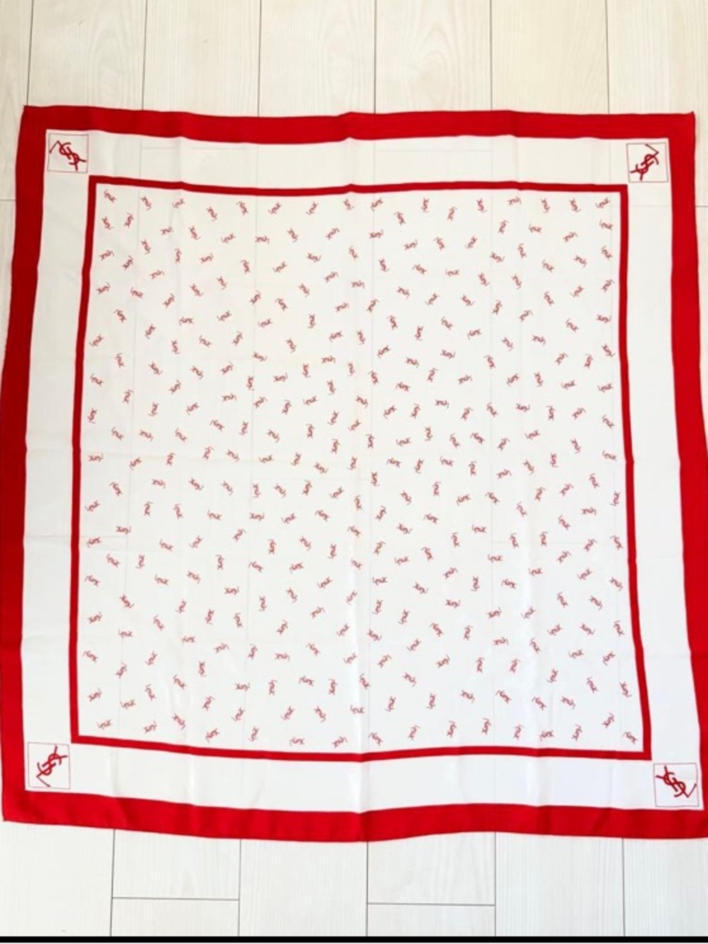 Yves Saint Laurent Cream and Red Logo Silk Scarf